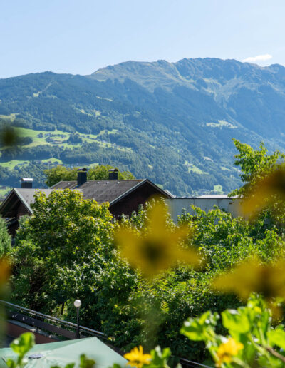 Aussicht vom Balkon mit Bergepanorama und Terrasse